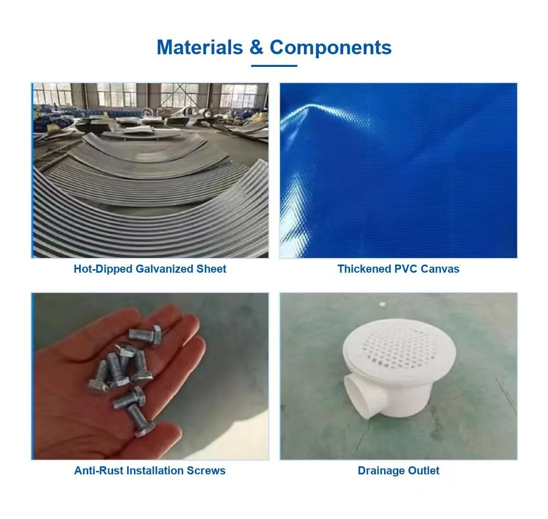 Fish pond materials and components — galvanized sheet, PVC canvas, anti-rust screws and drainage outlet